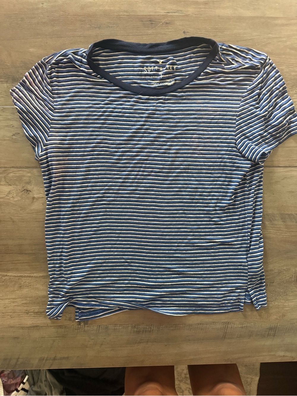 American Eagle Outfitters Navy and White Striped Short-Sleeve Tee